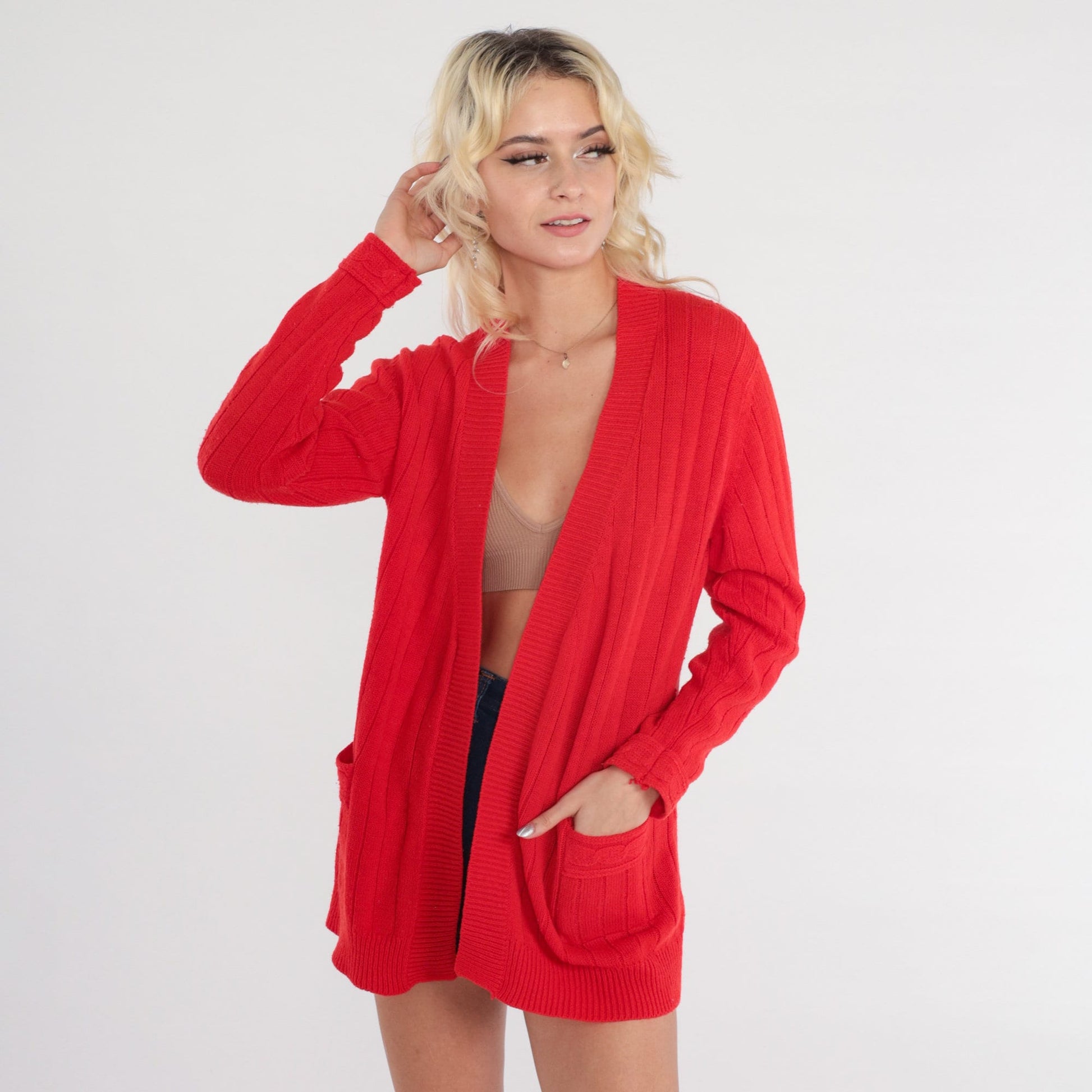 70s Red Wrap Cardigan Knit Sweater Small S
