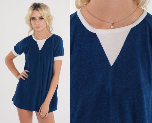 80s Jeannete Maternity Navy Terry Cloth Ringer Tee Raglan Sleeve Small