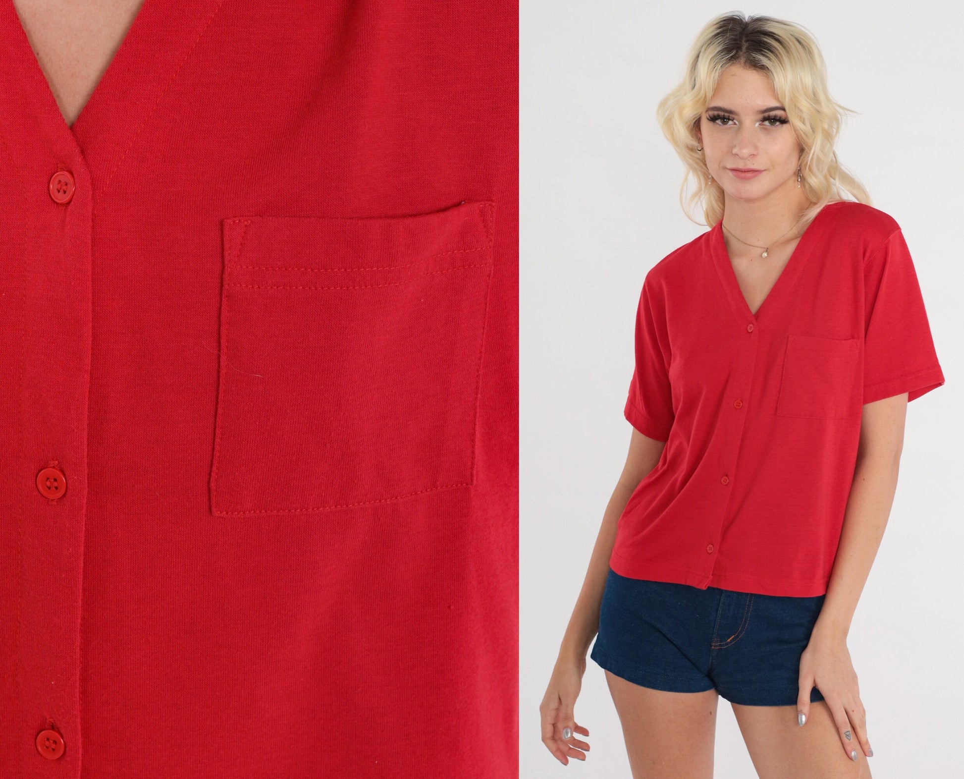 80s Red Button-Up Shirt V-Neck Short Sleeve Cotton Blend Small