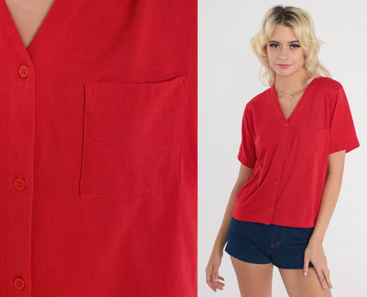 80s Red Button-Up Shirt V-Neck Short Sleeve Cotton Blend Small