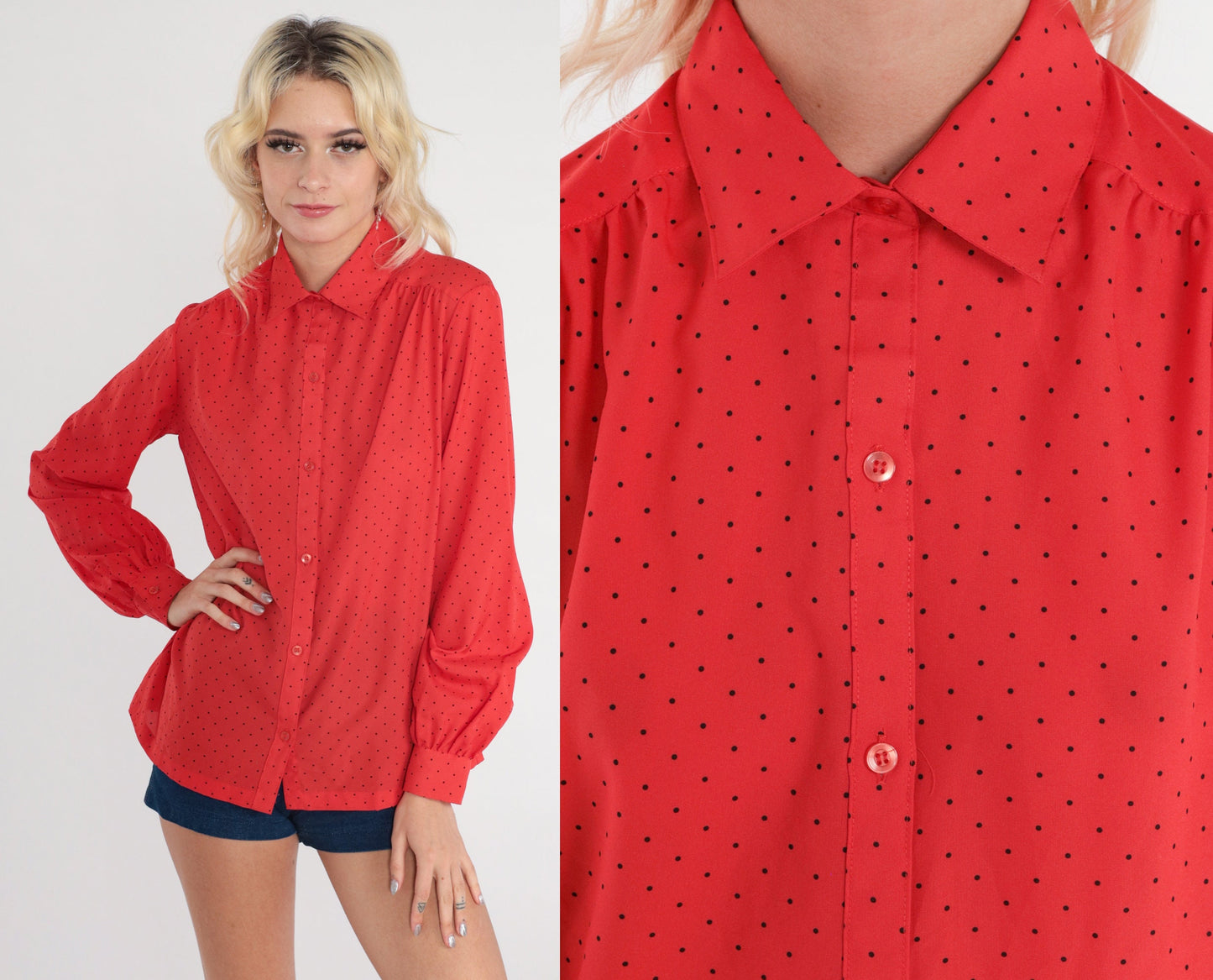 70s Red Polka Dot Button-Up Blouse Long Sleeve Collar Medium