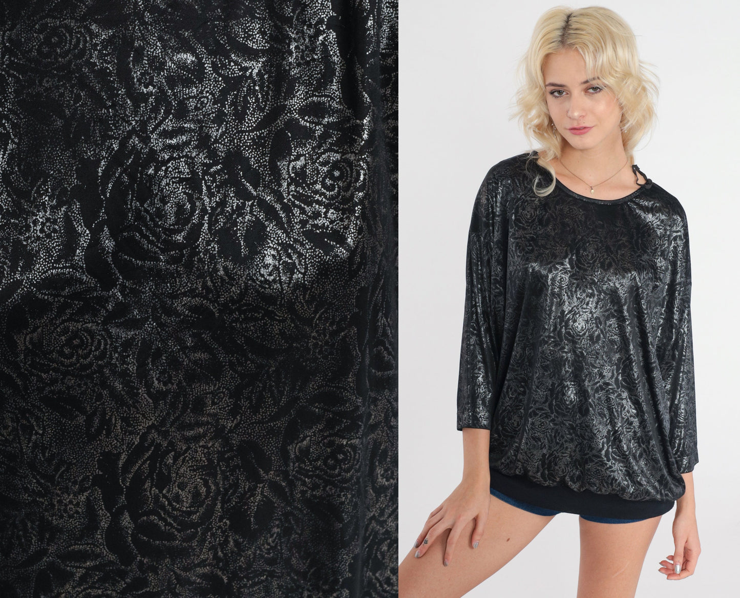 80s Black Velvet Floral Metallic Blouse Silver 3/4 Sleeve Large