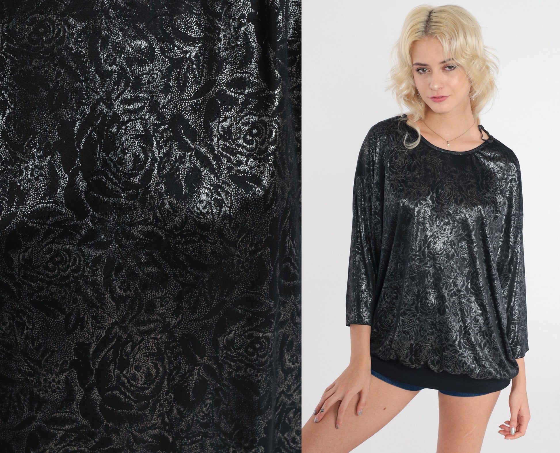 80s Black Velvet Floral Metallic Blouse Silver 3/4 Sleeve Large