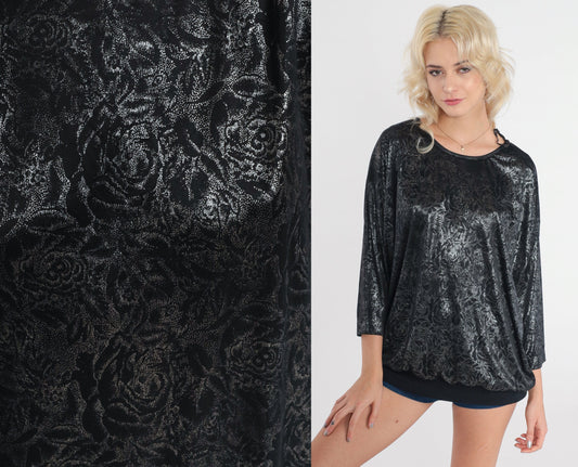 80s Black Velvet Floral Metallic Blouse Silver 3/4 Sleeve Large