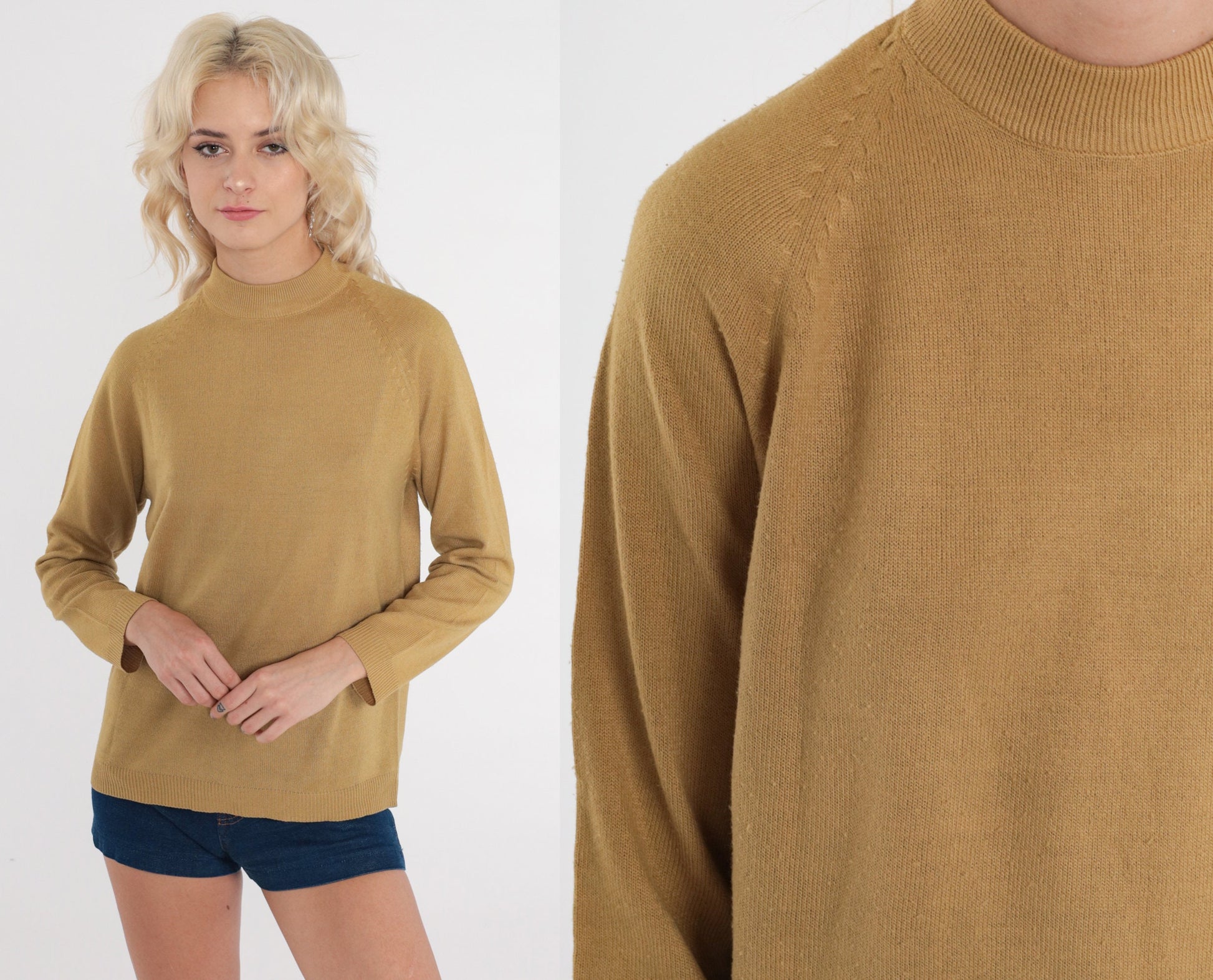 70s Dark Mustard Yellow Knit Sweater Mock Neck Raglan Pullover Medium