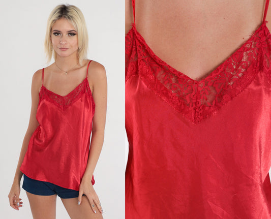 90s Red Lace Camisole Tank Top Vintage Lingerie Medium M