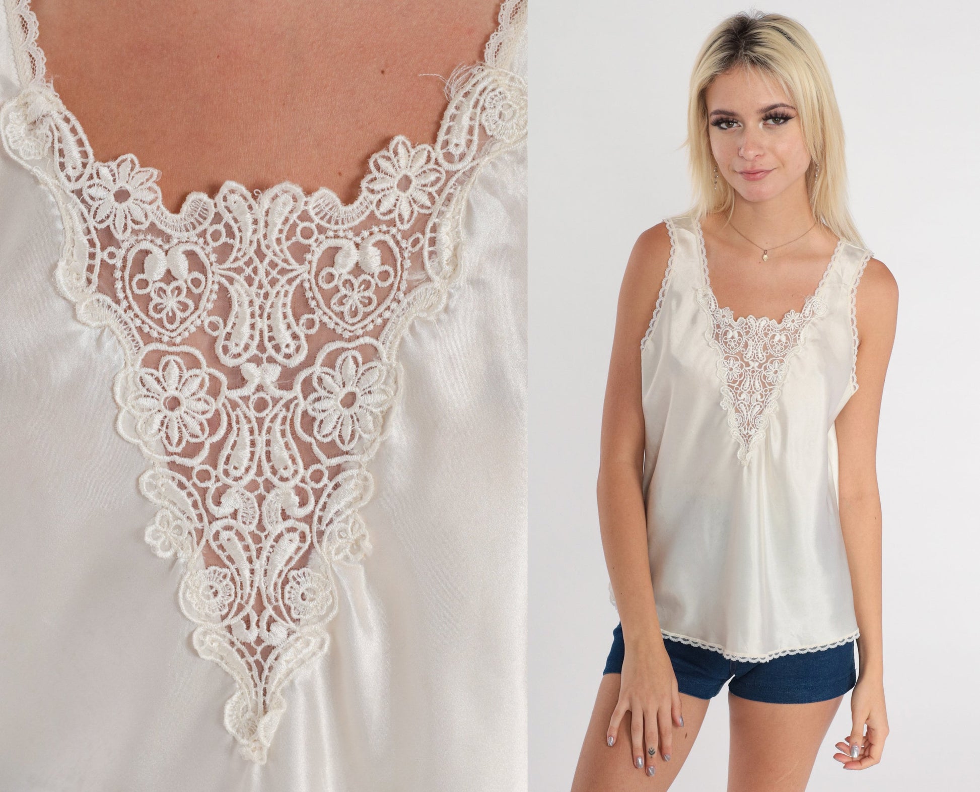 90s White Camisole Floral Applique Neckline Sleeveless Tank Large L