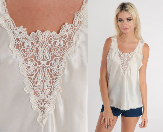 90s White Camisole Floral Applique Neckline Sleeveless Tank Large L