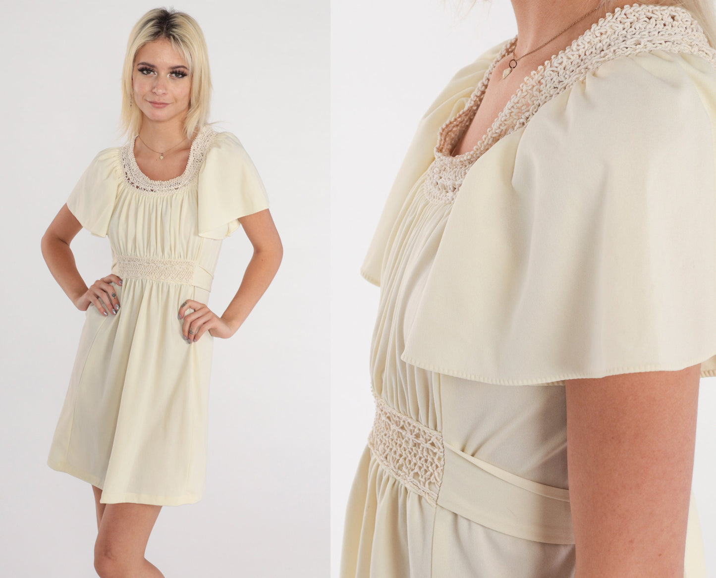 70s Cream Babydoll Mini Dress Macrame Trim Flutter Sleeve Empire Waist Small