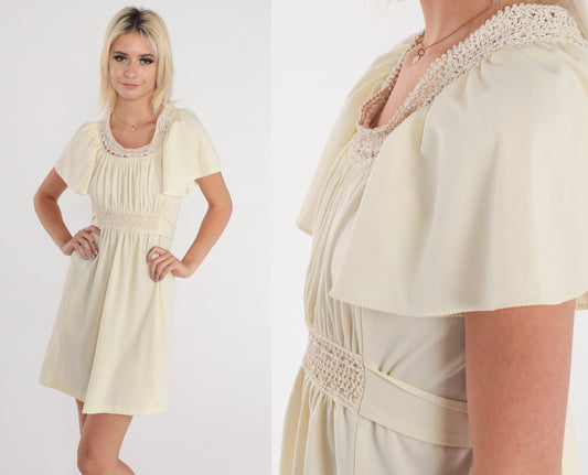 70s Cream Babydoll Mini Dress Macrame Trim Flutter Sleeve Empire Waist Small
