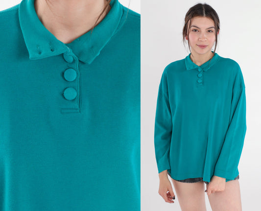 90s Teal Green Collared Long Sleeve Polo Shirt Medium M