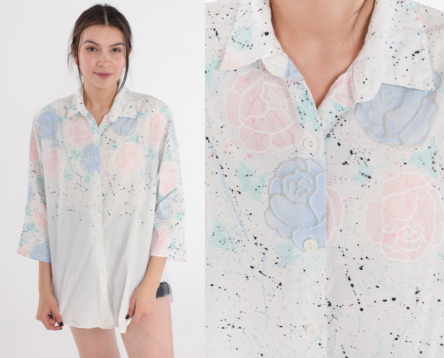90s Maggie Sweet Floral Button Up Blouse White Glitter Rose Print Large