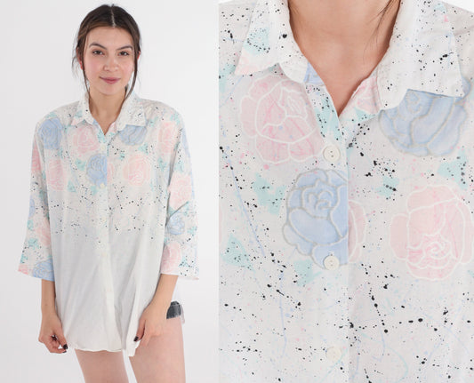90s Maggie Sweet Floral Button Up Blouse White Glitter Rose Print Large