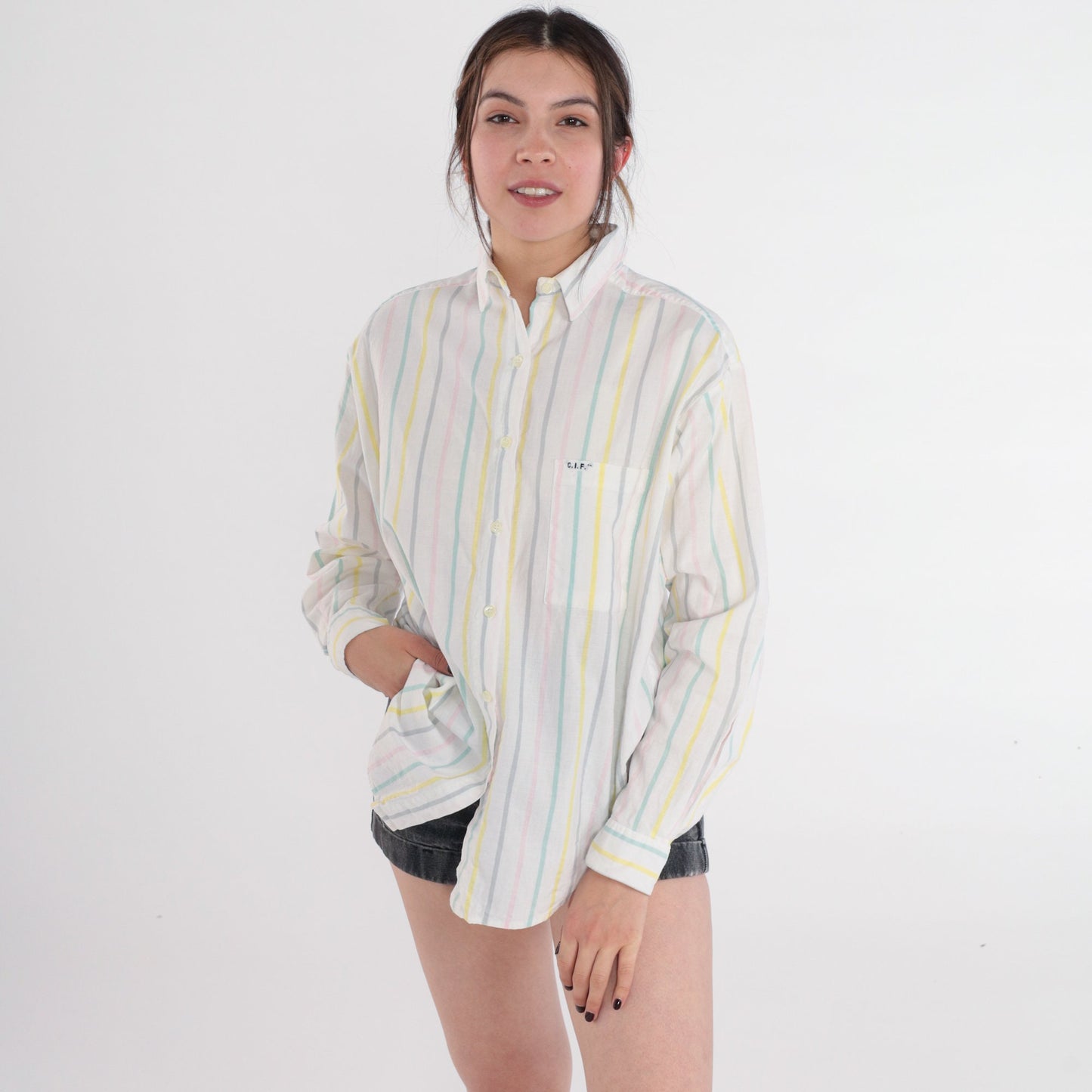 90s C.I.F Pastel Striped Cotton Button-Up Blouse White Long Sleeve Medium