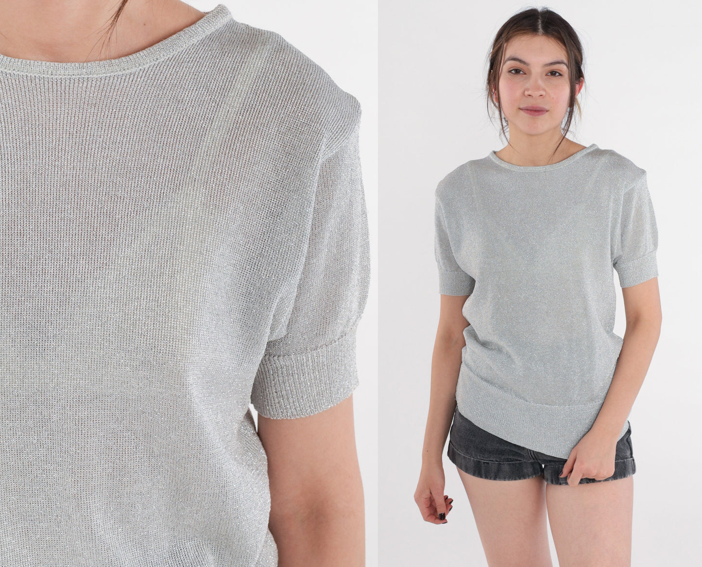 80s Silver Metallic Knit Top Short Sleeve Sweater Small S