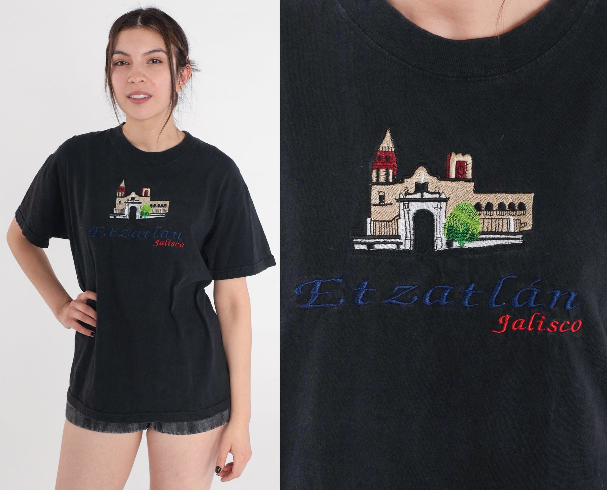 90s Etzatlan Jalisco Mexico Embroidered T-Shirt Black Parroquia Large
