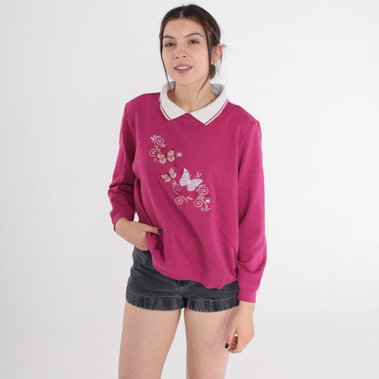90s Butterfly Embroidered Sweatshirt Berry Pink Collared Medium M
