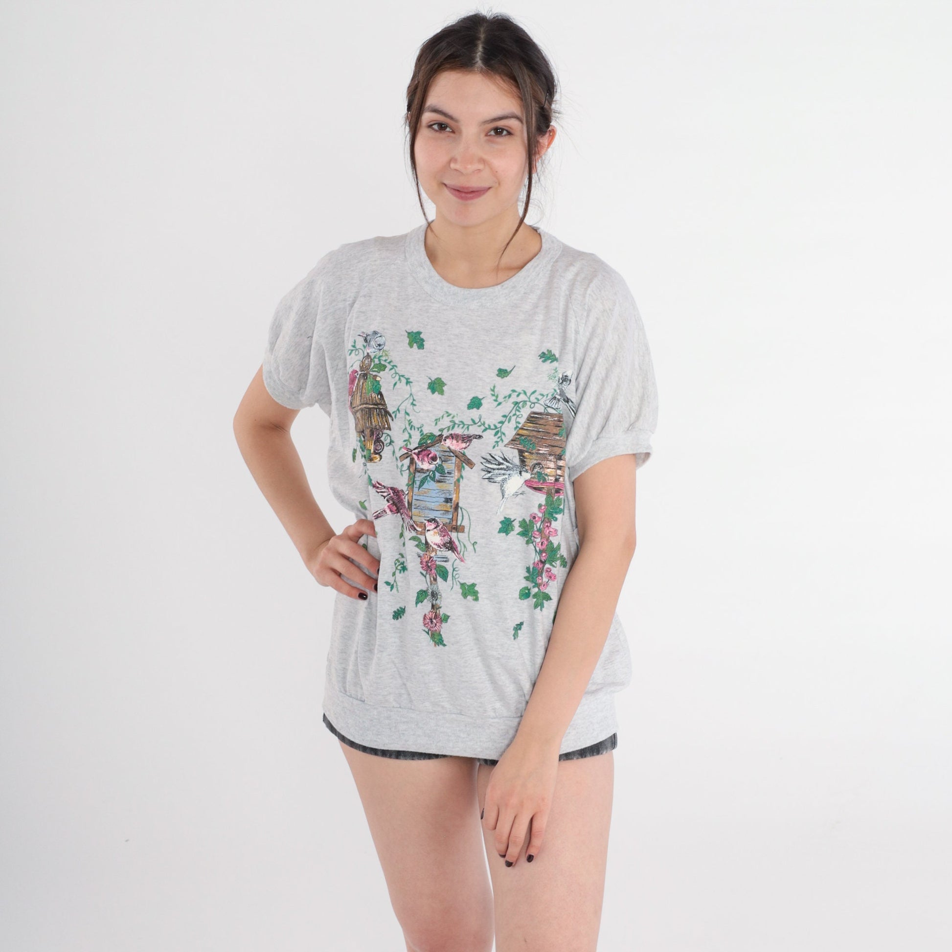 90s Birdhouse Graphic T-Shirt Heather Grey Banded Hem Large L