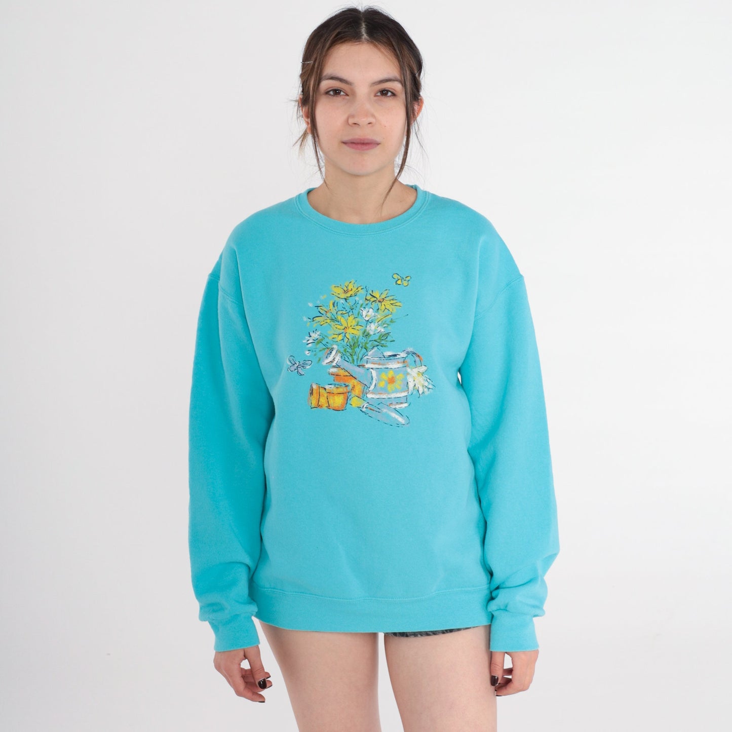 90s Blue Floral Garden Sweatshirt Butterfly Graphic Crewneck Medium M