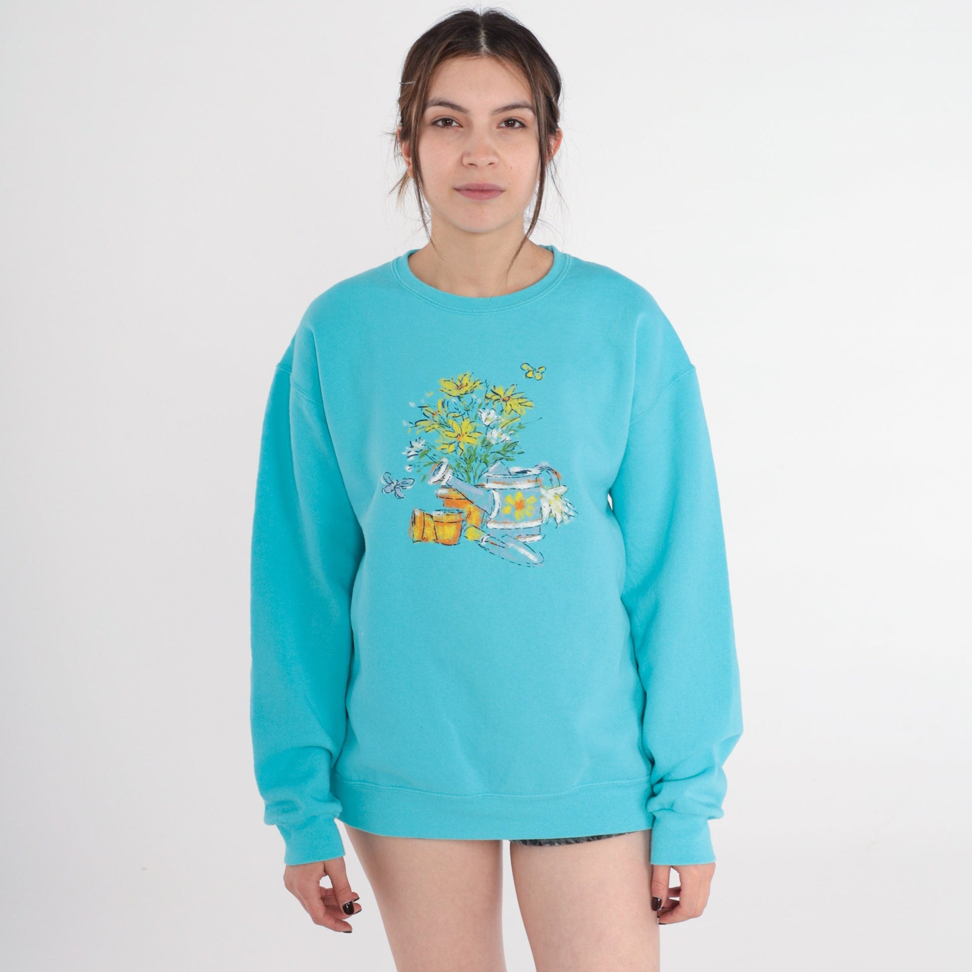 90s Blue Floral Garden Sweatshirt Butterfly Graphic Crewneck Medium M