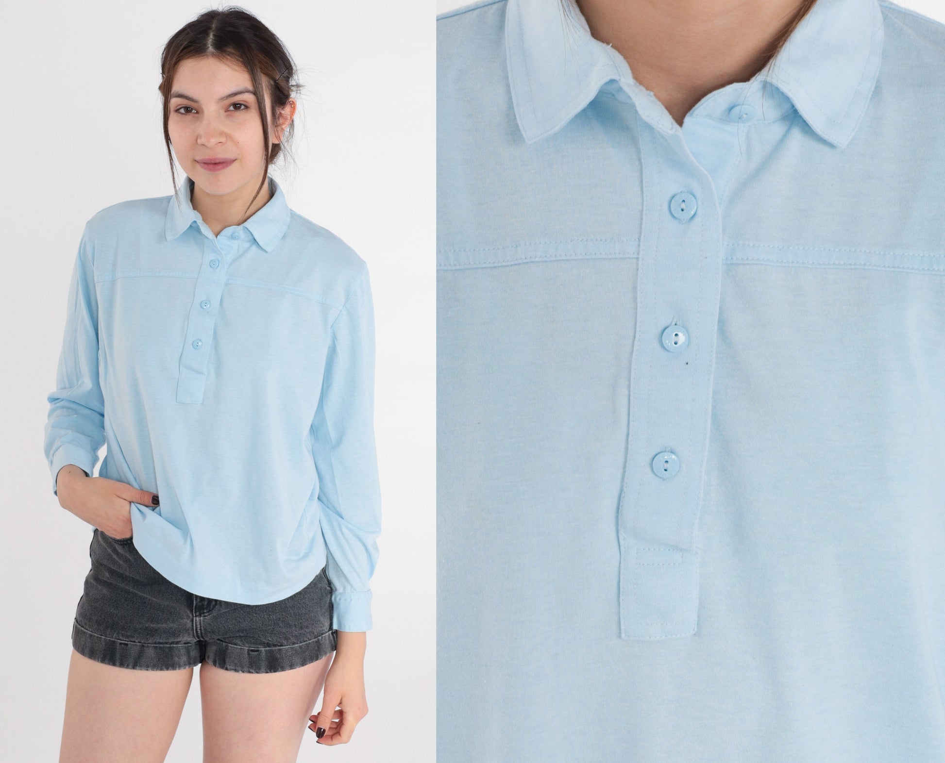 90s Baby Blue Long Sleeve Collared Shirt Cotton Blend Petite Medium