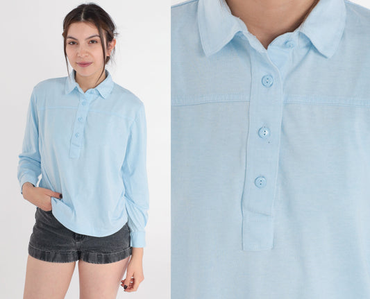 90s Baby Blue Long Sleeve Collared Shirt Cotton Blend Petite Medium
