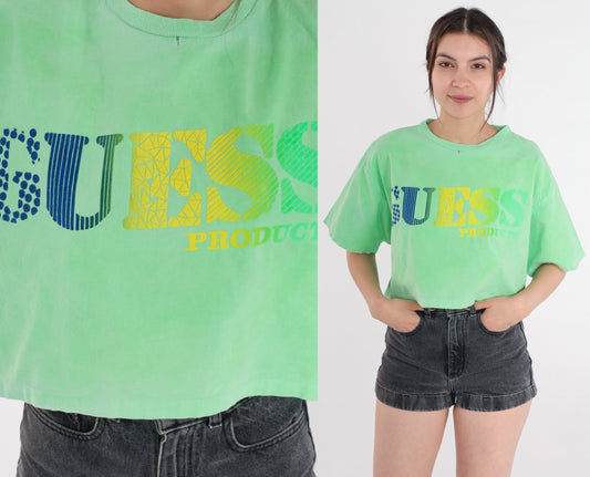90s Neon Green Crop Top Cotton Logo Graphic Tee Boxy Medium Large