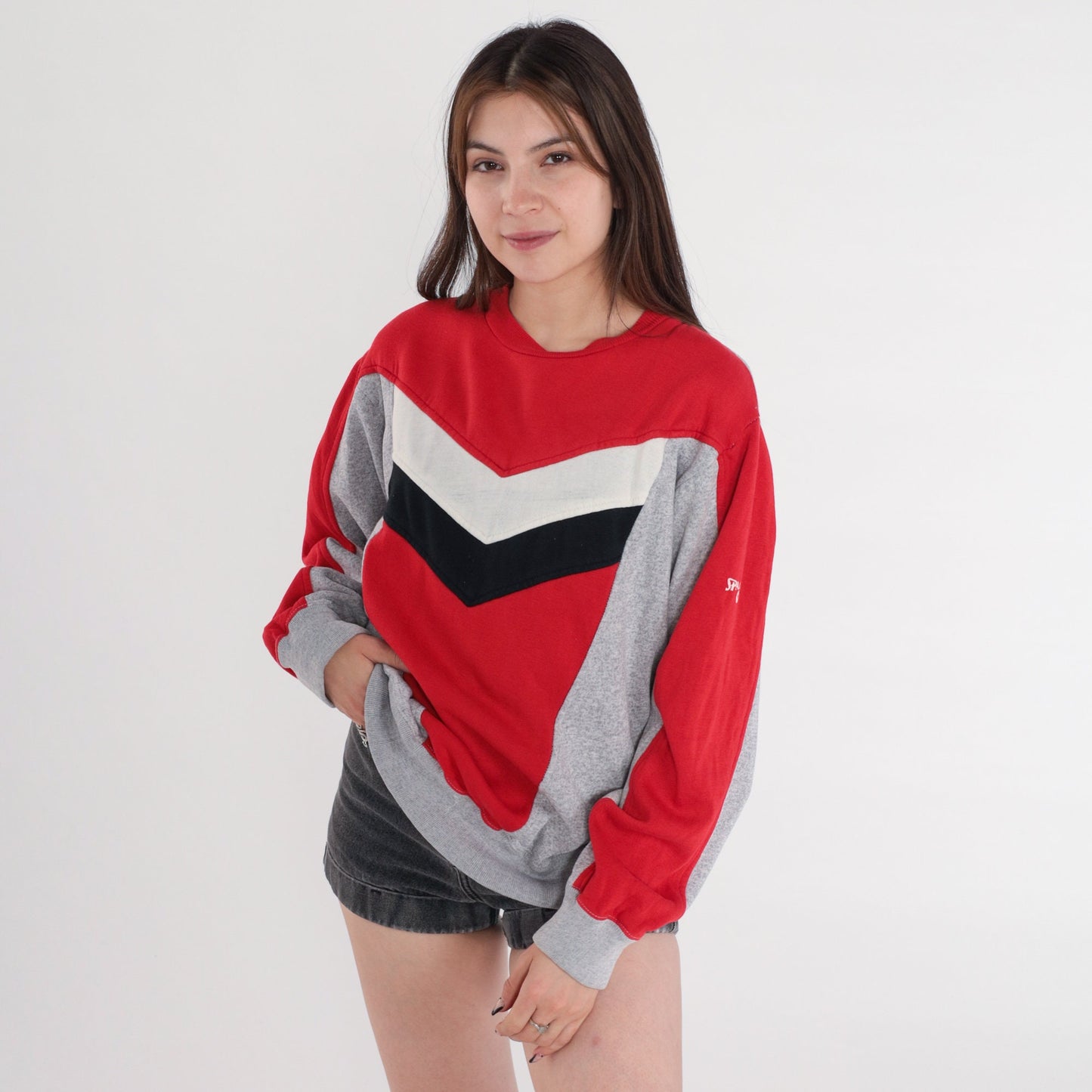 80s Spalding Chevron Striped Crewneck Sweatshirt Colour Block Small
