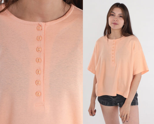 80s Catalina Peach Henley T-Shirt Cotton Single Stitch Medium
