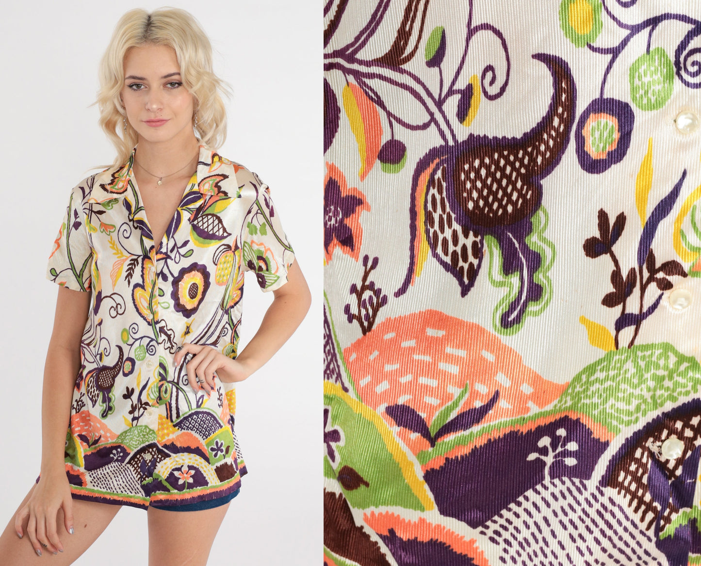70s Psychedelic Floral Button-Up Blouse Short Sleeve White Purple Medium