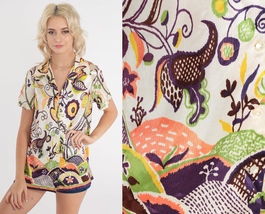 70s Psychedelic Floral Button-Up Blouse Short Sleeve White Purple Medium