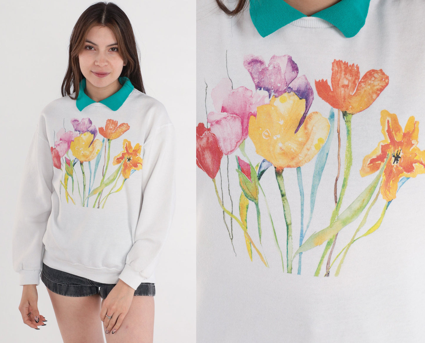 00s Jerzees Watercolor Floral Sweatshirt White Green Collar Medium