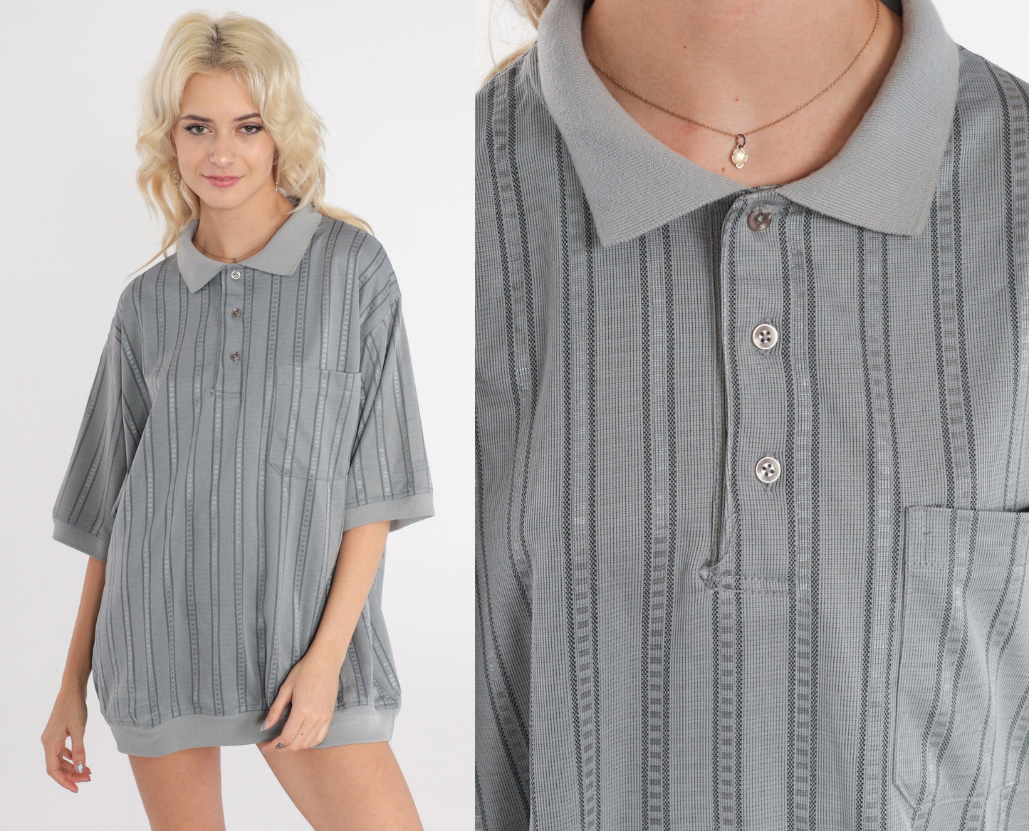80s Grey Striped Polo Shirt Half Button Short Sleeve Men's Extra Large XL