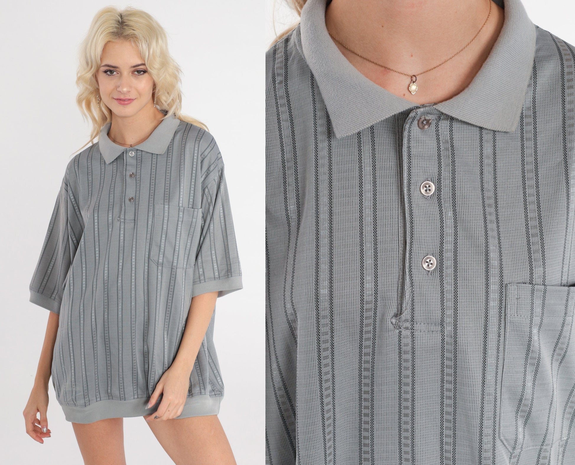 80s Grey Striped Polo Shirt Half Button Short Sleeve Men's Extra Large XL