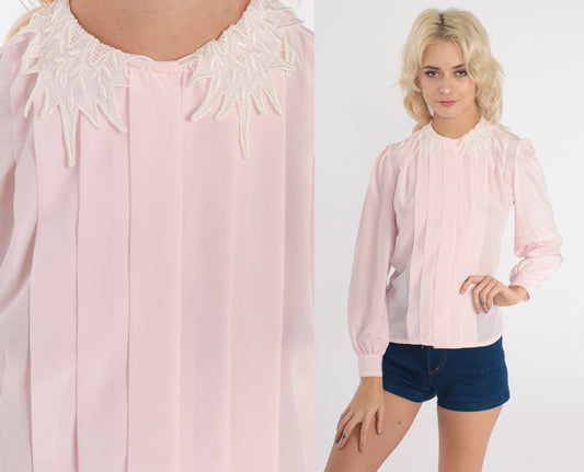 80s Pink Puff Sleeve Blouse Pleated Lace Collar Button-Up Small