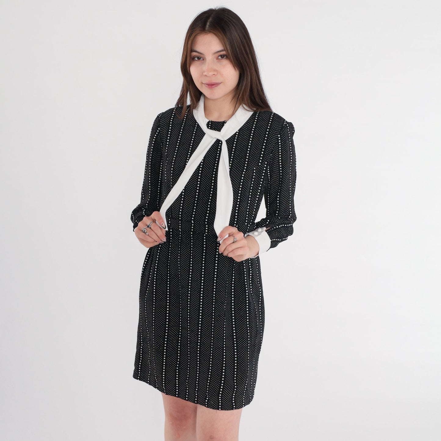 60s Lanz Originals Mod Mini Dress Black White Dot Ascot Tie Small