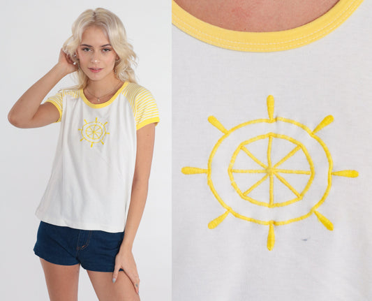 80s Sailboat Helm Graphic Ringer Tee Yellow White Striped Small