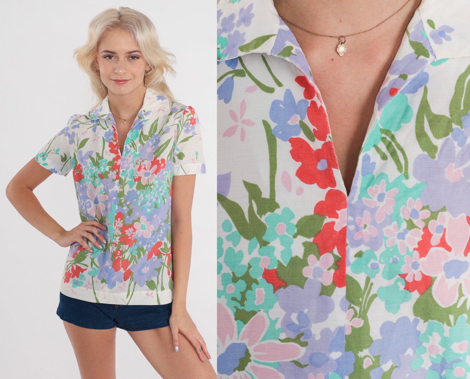 70s White Floral Puff Sleeve Blouse V Neck Tunic Extra Small XS