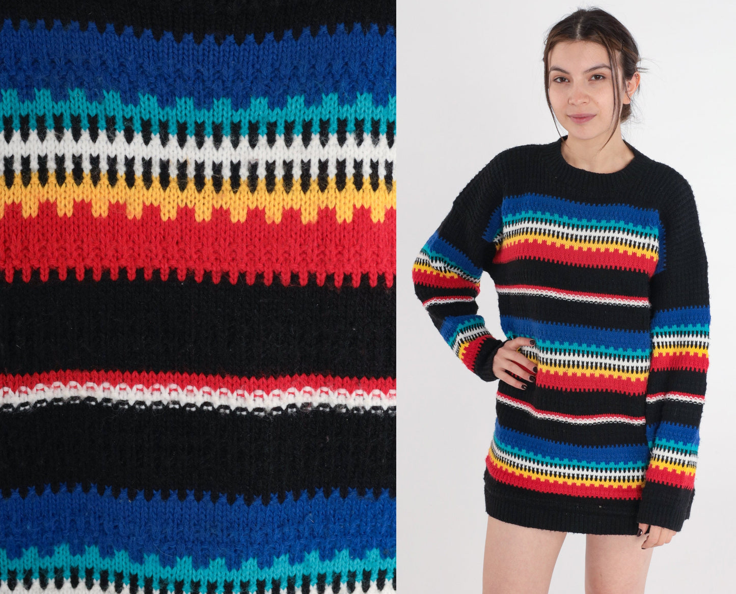 80s Cuddle Knit Striped Crewneck Sweater Black Multicolor Small S