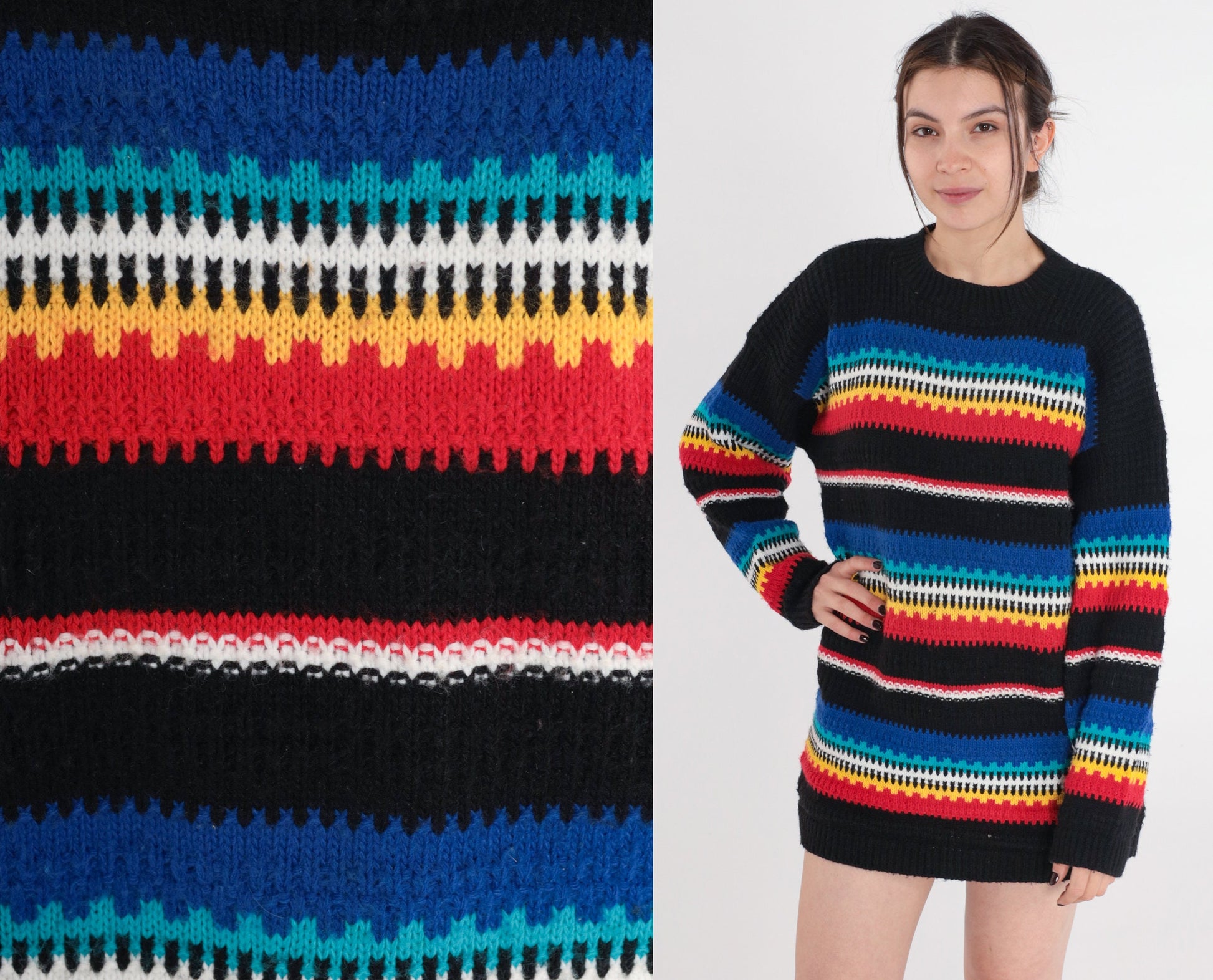 80s Cuddle Knit Striped Crewneck Sweater Black Multicolor Small S