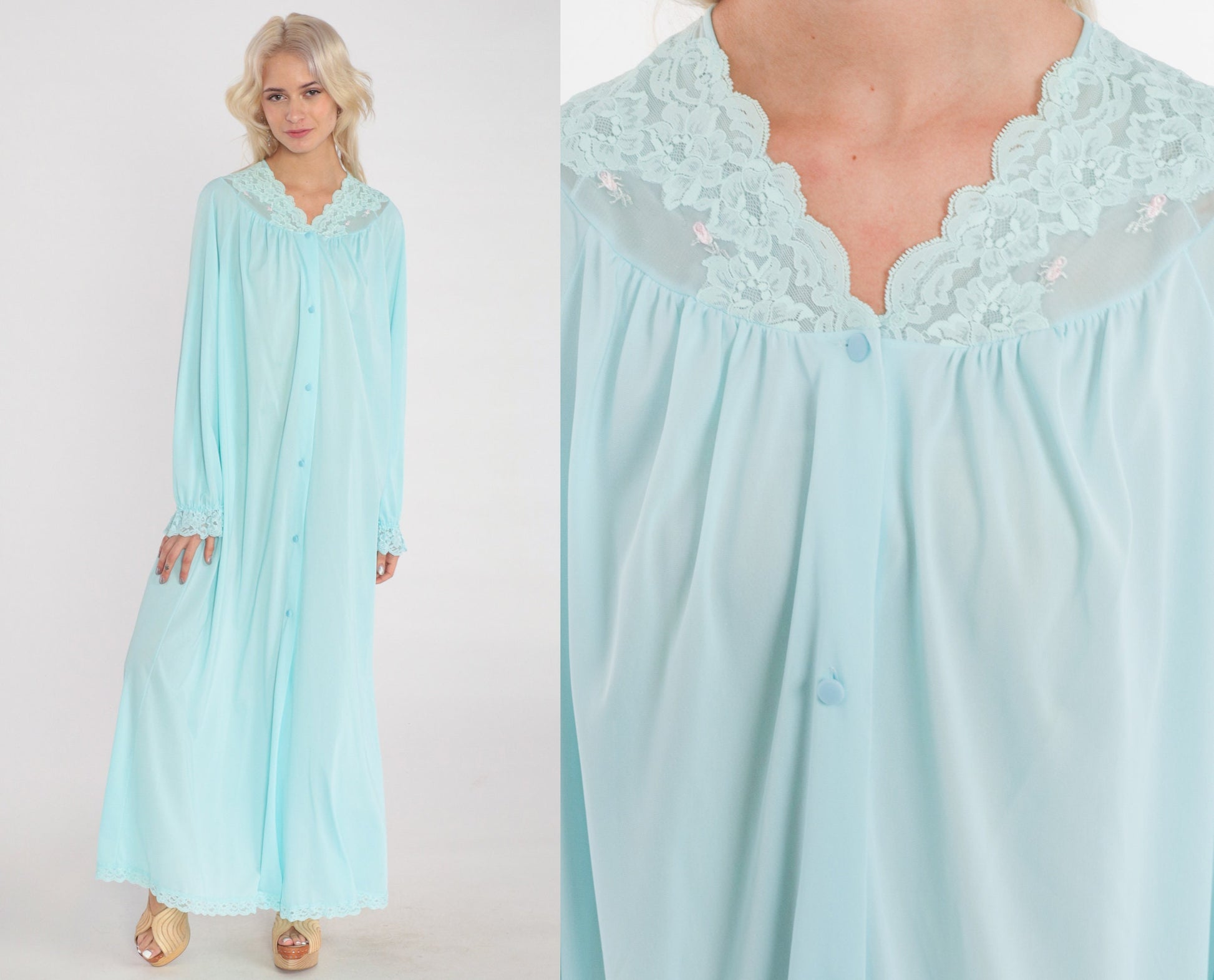 70s Blue Nylon Pajama Robe Maxi Lace Trim Button Front Bed Jacket Medium M