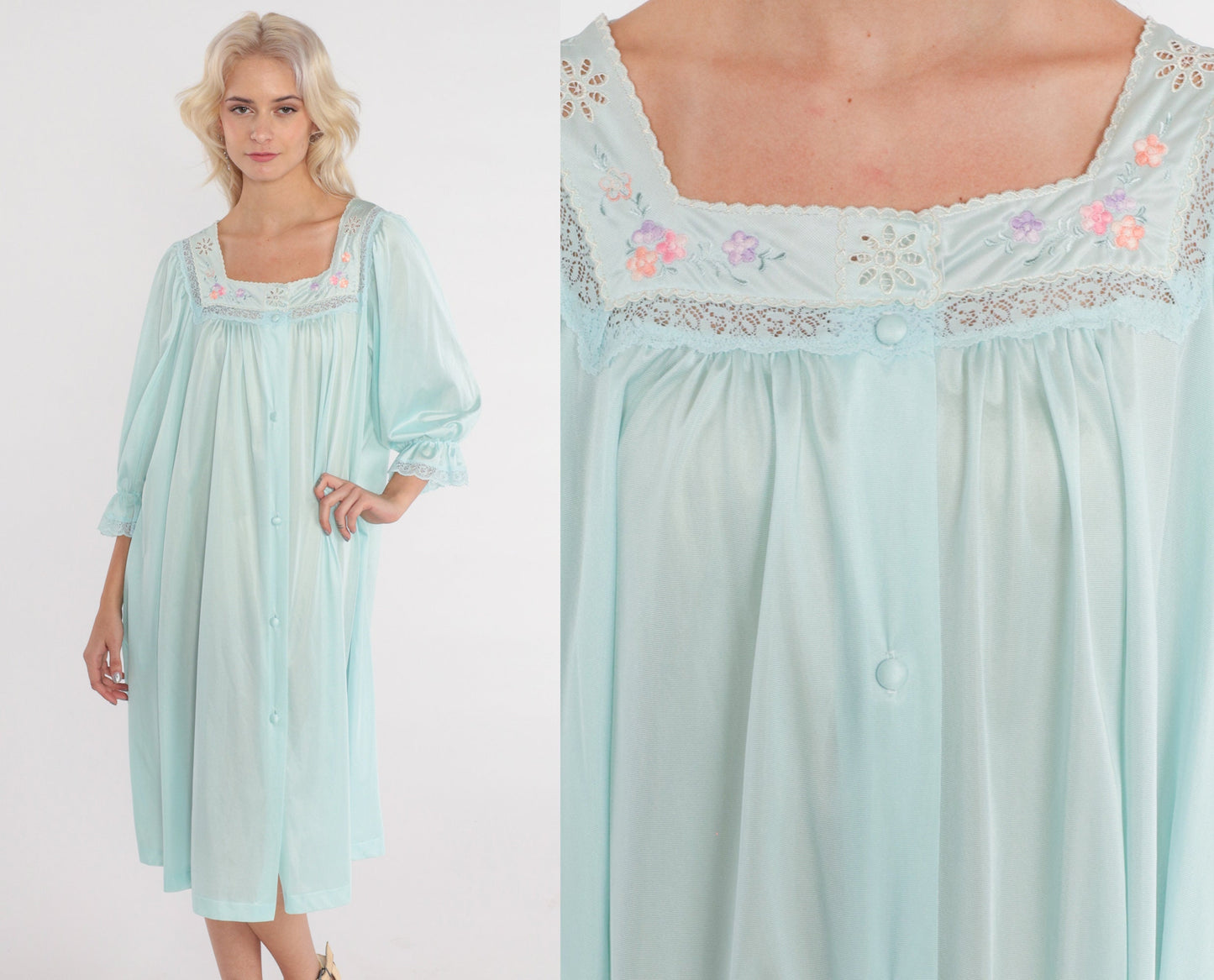 70s Blue Floral Embroidered Nylon Pajama Dress Midi Nightgown Large L
