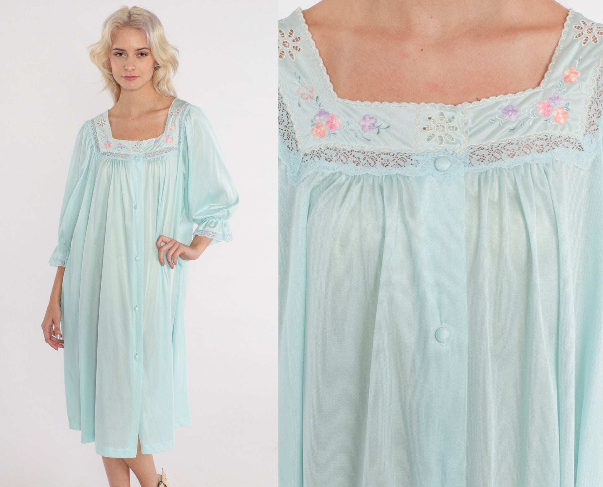 70s Blue Floral Embroidered Nylon Pajama Dress Midi Nightgown Large L