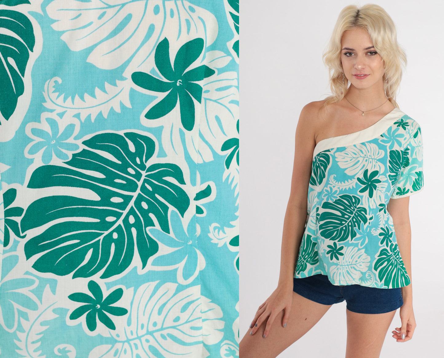 70s Hawaiian Floral One-Shoulder Blouse Blue Green Cotton Small