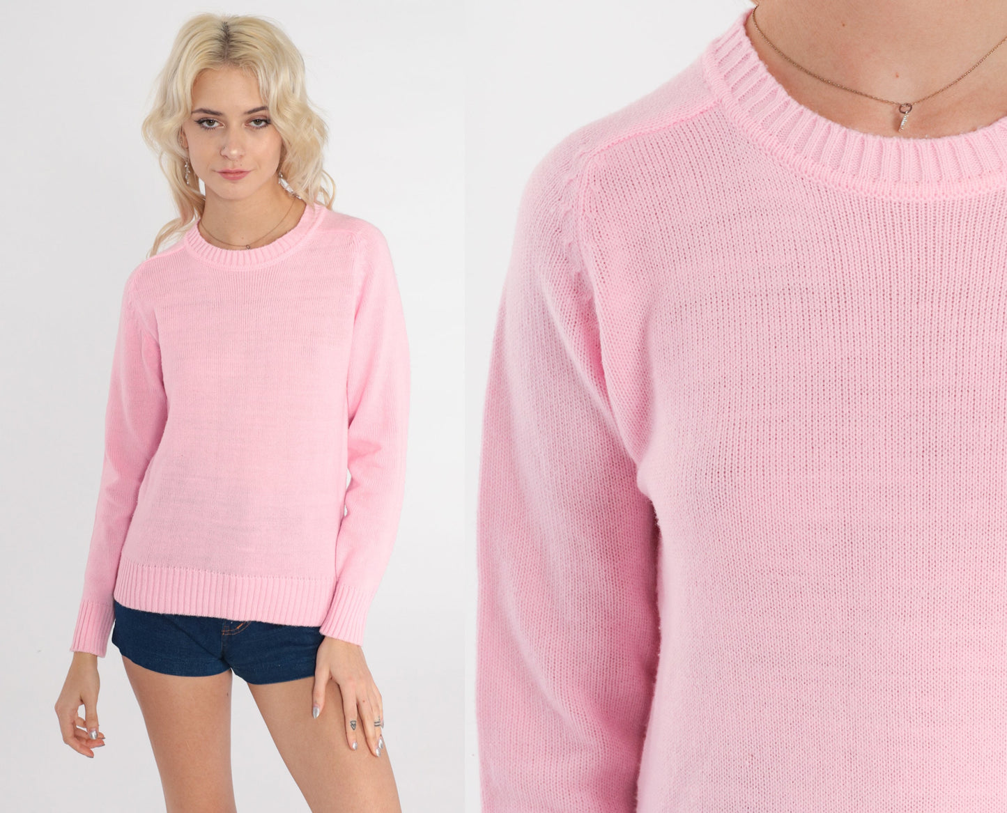 70s Baby Pink Knit Sweater Raglan Crewneck Pullover Small S