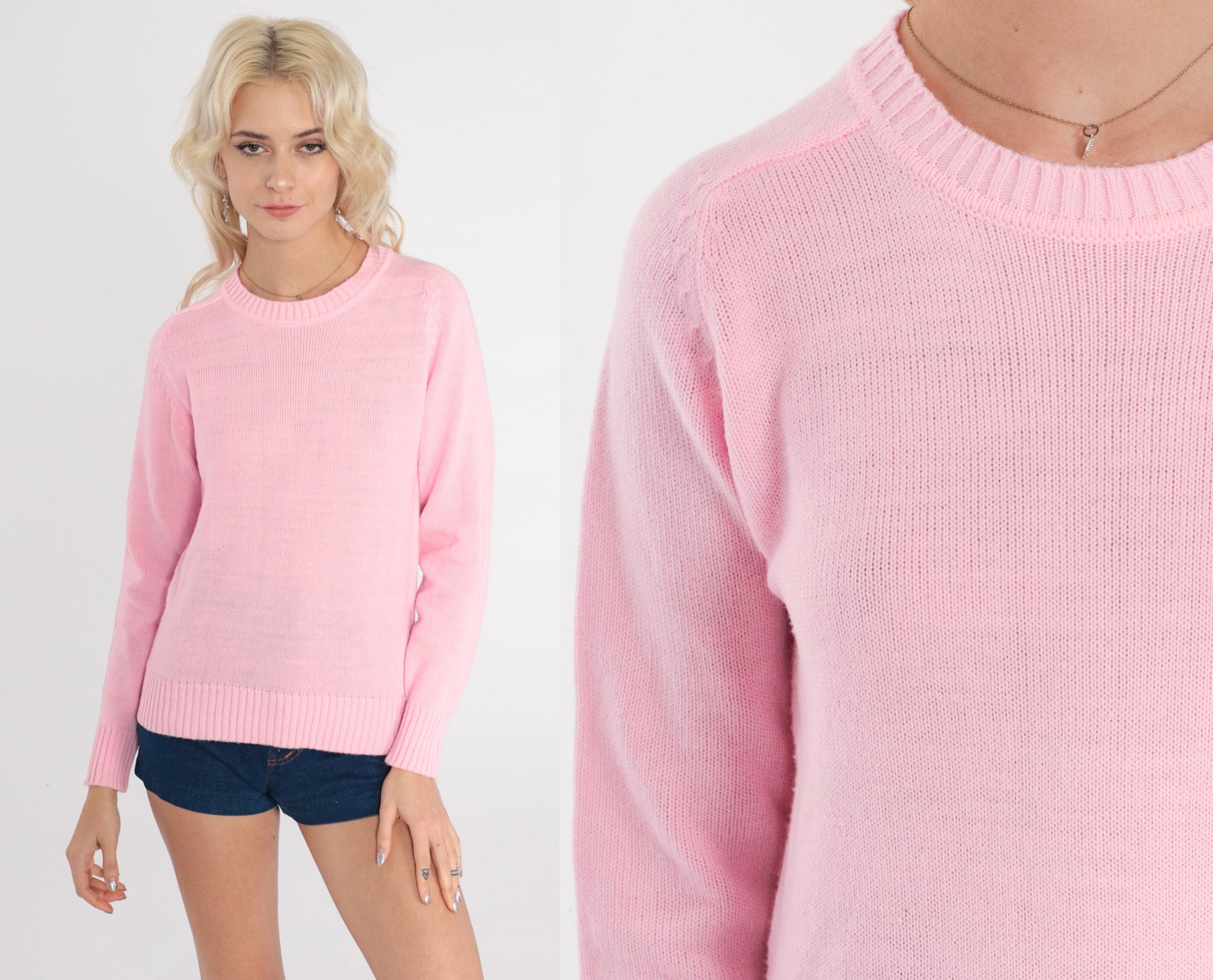 70s Baby Pink Knit Sweater Raglan Crewneck Pullover Small S