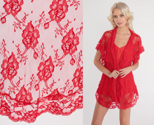 80s Mervyn's Red Lace Floral Lingerie Robe Open Front Short Sleeve One Size