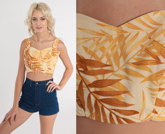 90s Tropical Botanical Crop Top Yellow Sweetheart Neckline Small