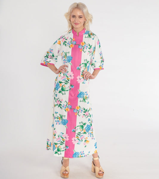 70s Floral Maxi Lounge Dress White Pink Half Sleeve Zip Front Small