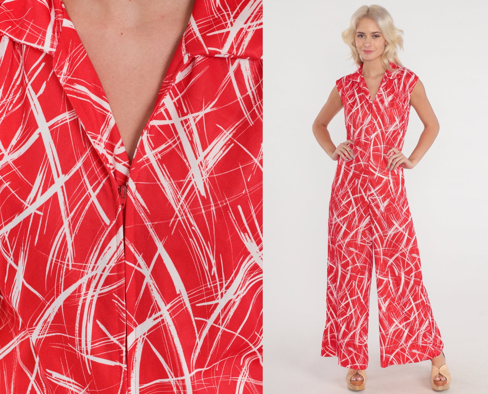 70s Red White Abstract Print Jumpsuit Wide Leg Sleeveless Zip Collar Medium